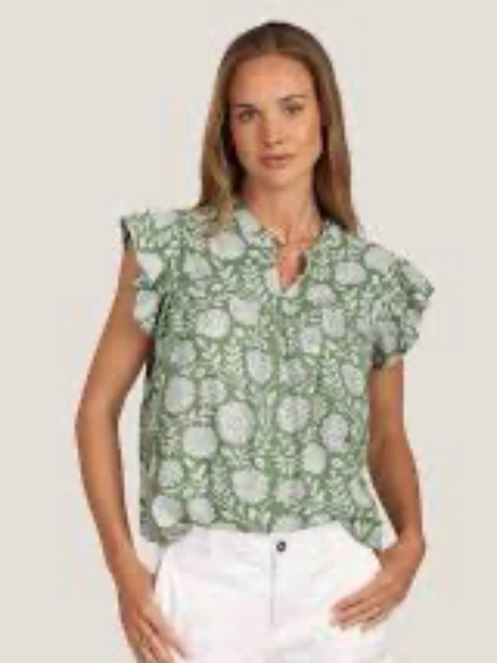 Dylan Kyra Ruffle Sleeve Floral Cotton Blouse Green & White Block Print Large